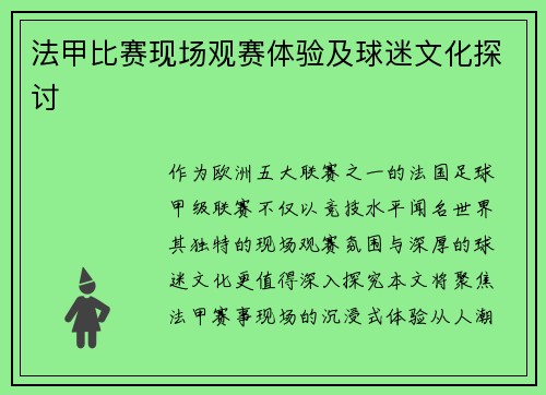 法甲比赛现场观赛体验及球迷文化探讨